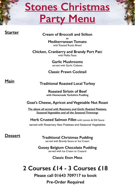 Stones Christmas Party Menu - Stones Minehead